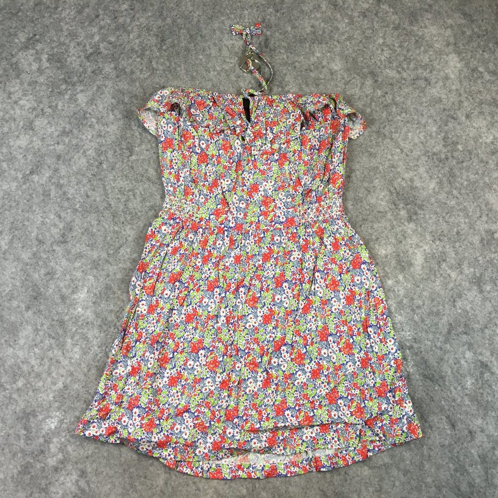 Urban Outfitters Dress L XL Red Ditsy Floral Boho Ruffle Halter Smocked Casual